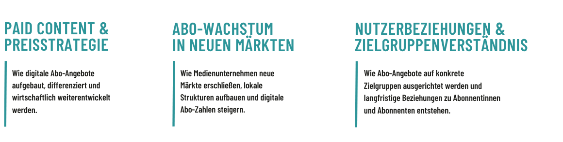 Grafik mit den Punkten: Paid Content und Preisstrategie, Abo-Wachstum in neuen Märkten, Nutzerbeziehungen und Zielgruppenverständnis